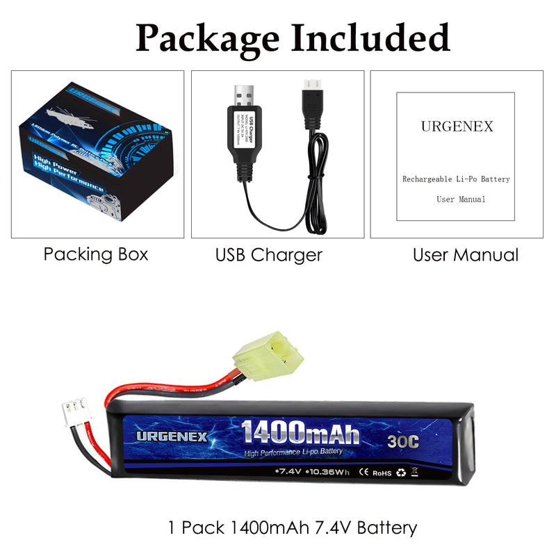 Load image into Gallery viewer, URGENEX Airsoft Battery 7.4V 1400mAh Lipo Battery with Mini Tamiya Connector 30C High Discharge Rate Rechargeable 2S Lipo Battery for Airsoft Model Guns