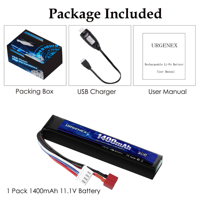 Load image into Gallery viewer, URGENEX Airsoft Battery 11.1V 1400mAh Lipo Battery with Deans T Connector 30C High Discharge Rate Rechargeable 3S Lipo Battery for Airsoft Model Guns