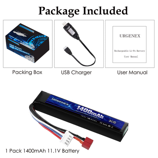 URGENEX Airsoft Battery 11.1V 1400mAh Lipo Battery with Deans T Connector 30C High Discharge Rate Rechargeable 3S Lipo Battery for Airsoft Model Guns