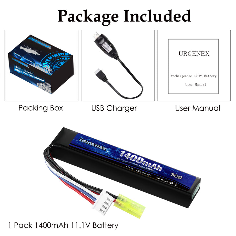 Load image into Gallery viewer, URGENEX Airsoft Battery 11.1V 1400mAh Lipo Battery with Mini Tamiya Connector 30C High Discharge Rate Rechargeable 3S Lipo Battery for Airsoft Model Guns