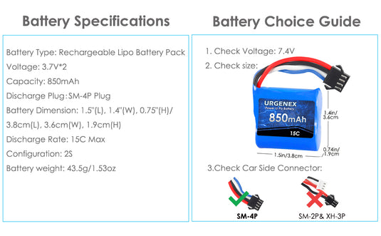 UDI001 UDI008 RC Boats Battery - 850mAh 7.4V with SM-4P Plug
