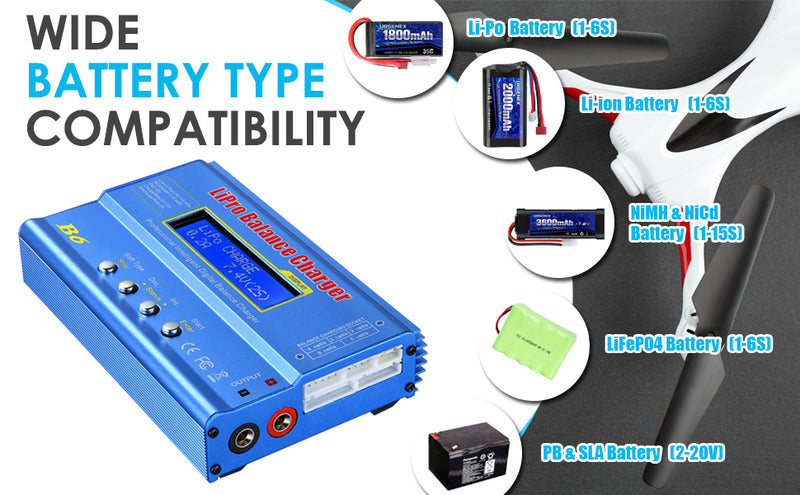 Load image into Gallery viewer, B6 Balance Charger 80W 6A RC Battery Charger for LiPo/Li-ion/Life Battery (1-6S) NiMH/NiCd (1-15S)/Pb Batteries Professional RC Hobby Batteries Balance Charger Discharger with AC Power Adapter