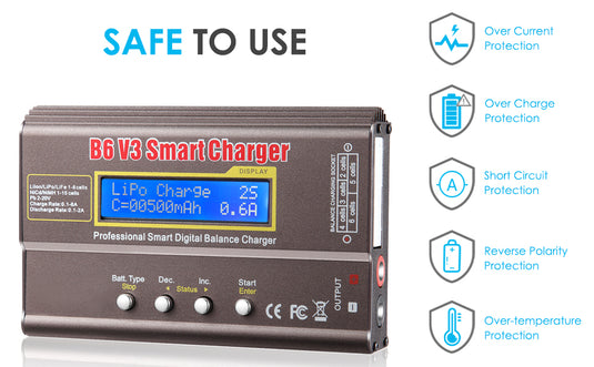 B6 V3 Balance Charger 80W 6A RC Battery Charger for LiPo/Li-ion/LiHv/Life Battery (1-6S) NiMH/NiCd (1-15S)/Pb Batteries Professional RC Hobby Batteries Balance Charger Discharger with AC Power Adapter