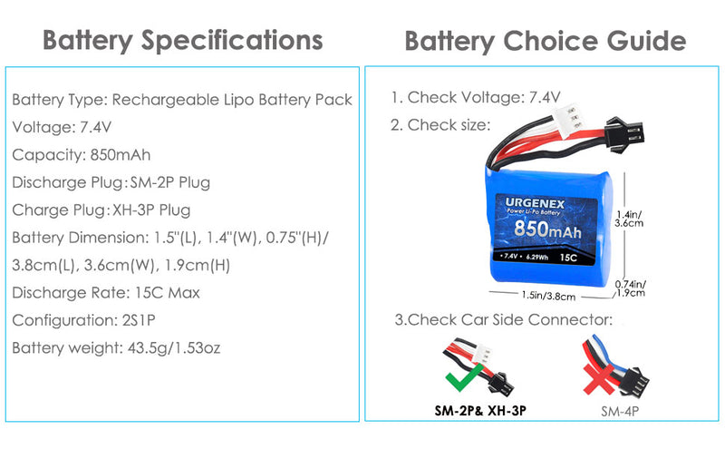 Load image into Gallery viewer, URGENEX RC Boats Battery 7.4V 850mAh with SM-2P Plug Fit for Skytech RC Boats