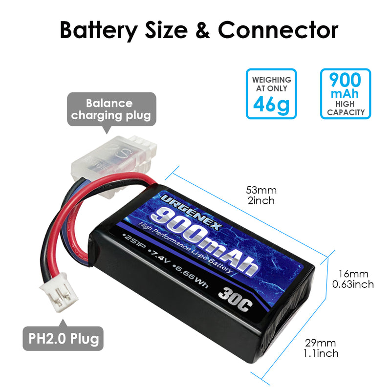 Load image into Gallery viewer, URGENEX 2S 900mah 30C 7.4V Lipo Battery Fit for Axial SCX24 and Most 1/10, 1/16, 1/18, 1/24 Scale RC Cars Trucks High Performance