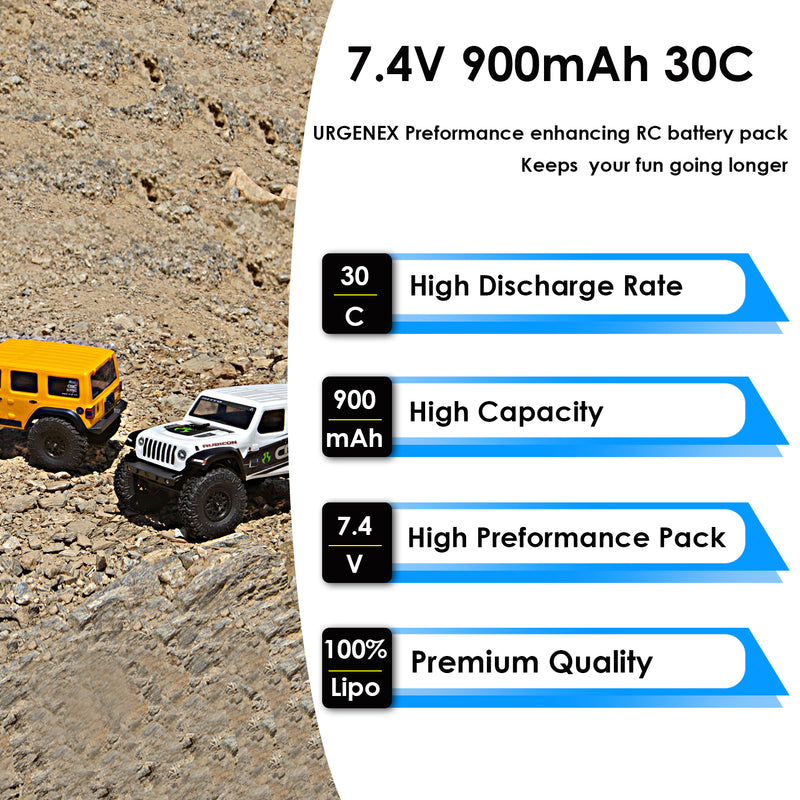 Load image into Gallery viewer, URGENEX 2S 900mah 30C 7.4V Lipo Battery Fit for Axial SCX24 and Most 1/10, 1/16, 1/18, 1/24 Scale RC Cars Trucks High Performance