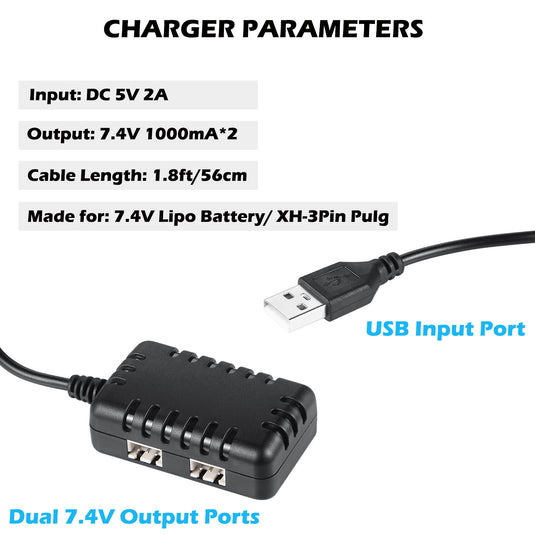 2S 1 to 2 7.4V 1A Battery Charger XH-3P Connector Compatible with 7.4V RC Battery