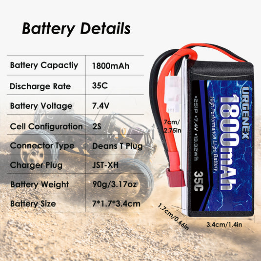 URGENEX 7.4v RC Car Battery1800mah RC Lipo Batteries 13.32Wh 35C with Deans T Plug