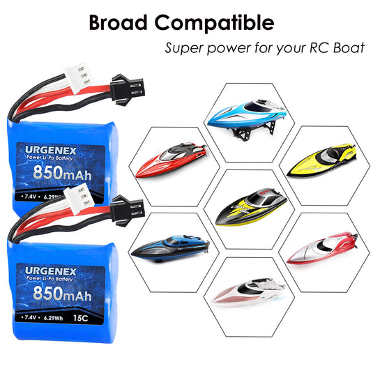 URGENEX RC Boats Battery 7.4V 850mAh with SM-2P Plug Fit for Skytech RC Boats