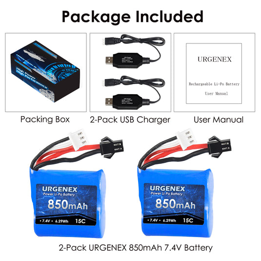 URGENEX RC Boats Battery 7.4V 850mAh with SM-2P Plug Fit for Skytech RC Boats