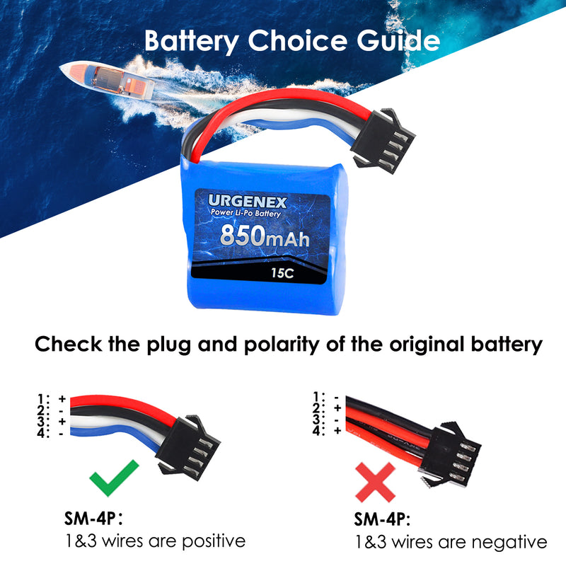 Load image into Gallery viewer, UDI001 UDI008 RC Battery with Charger - Lipo Battery 850mAh 7.4V(2 x 3.7V) RC Boat Battery with SM-4P Plug