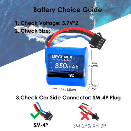 UDI001 UDI008 RC Boats Battery - 850mAh 7.4V with SM-4P Plug