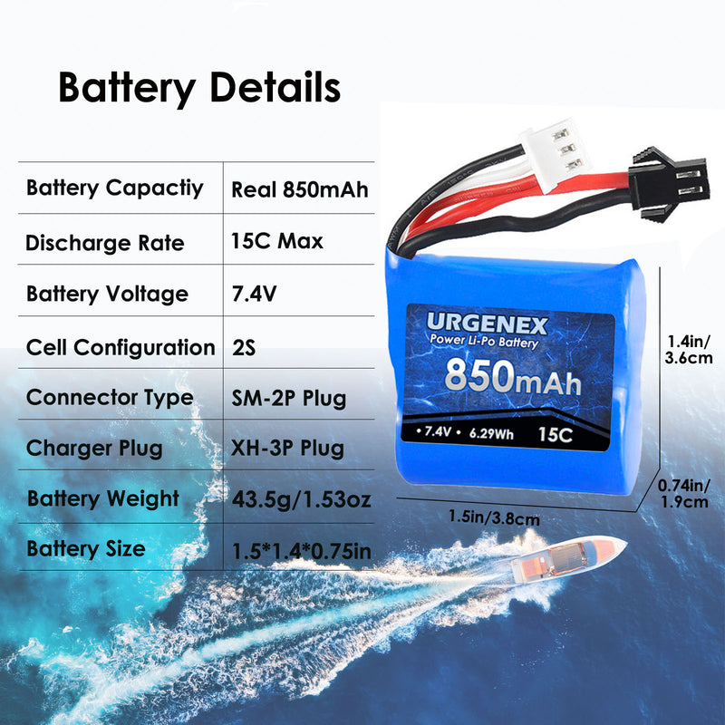Load image into Gallery viewer, URGENEX RC Boats Battery 7.4V 850mAh with SM-2P Plug Fit for Skytech RC Boats