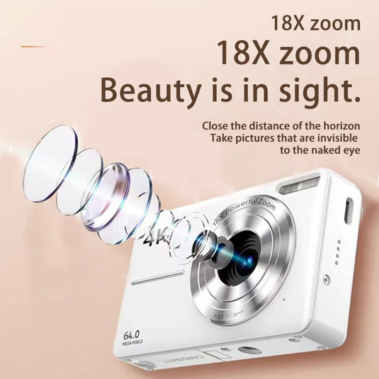 4K digital camera, 64MP, 18x optical zoom, Vlog camera, excellent for beginner photographers, portable travel camera kit,  making it an ideal photography gift.
