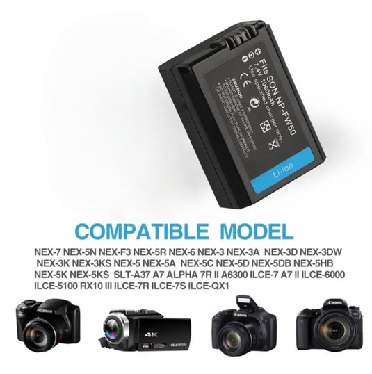NP-FW50 7.4V Digital Battery 1080mAh Compatible With Sony A6000 A6400 A6300 A6500 A7 A7II A7RII A7SII A7S A7S2 A7R NPFW50 Cameras Batteries，1pcs