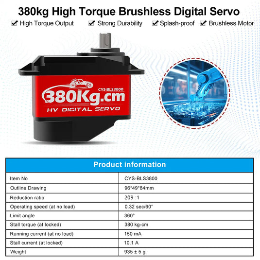 BLS3800 Industrial Brushless Digital Servo with Full Metal Case, 380kg·cm Torque,1 Pack（Direct Factory Sale）