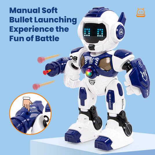 RC Robot Toy for Kids, Intelligent Mech Warrior Remote Control Robot with Manual Soft Bullet Launcher, Touch Sensing, Music & LED Eyes, Interactive Walking & Shooting Robot Gift