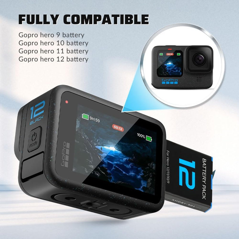 Load image into Gallery viewer, TELESIN 3.85V 1800mAh Battery for GoPro Hero 12 11 10 9, Single Pack Battery/+With USB Fast Charger and Protective Case, Perfectly Compatible with GoPro Hero 12 11 10 9 Original Batteries Accessories,1 Pack
