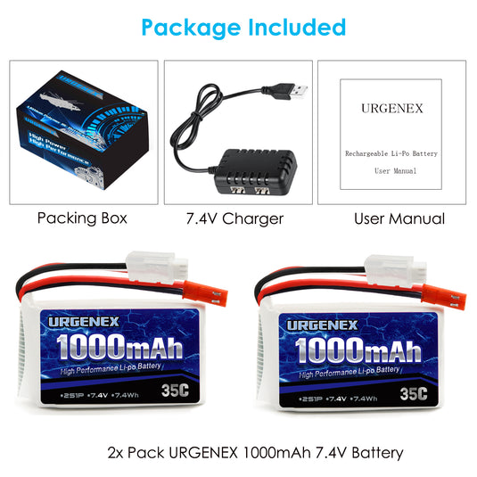 URGENEX 2S Lipo Battery Pack 7.4 V 1000 mAh 35C Rechargeable RC Battery Pack with JST Plug Compatible with WLtoys RC Cars A949 A959 A969 A979 K929 1/16 Scale Brushless Racing RC Truck