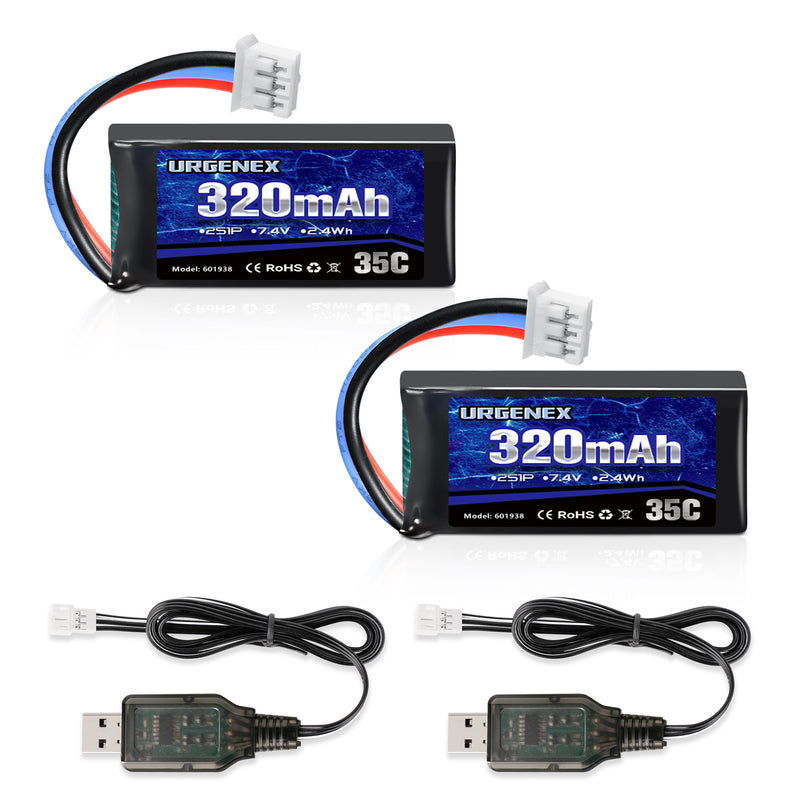 Load image into Gallery viewer, URGENEX 7.4V Lipo Battery 2S 35C 320mAh Rechargeable Lipo Battery PH2.0 3PIN Plug with USB Charger Cable Compatible with UMX 2S Airplane
