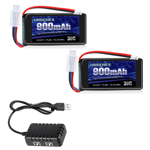 URGENEX 7.4V 900mAh Lipo Battery with Ph2.0 Plug 30C Fit for Axial SCX24 with 1TO2 USB Charger