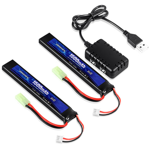 URGENEX Airsoft Battery 7.4V 1500mAh 35C High Discharge Rate Lipo Battery Pack with Mini Tamiya Plug Rechargeable 2S Lipo Battery for Airsoft Model Guns