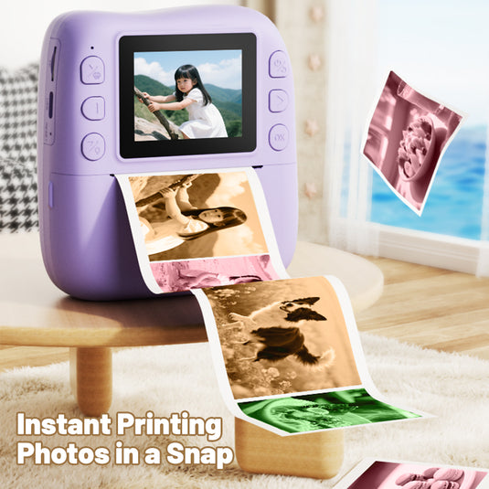 Instant Print Camera for Kids, 1080P HD Digital Video Camera with 10X Digital Zoom, 2.4-inch Screen, Portable MP3 Player, Zero Ink Thermal Paper, Creative DIY Birthday Gift for Boys and Girls
