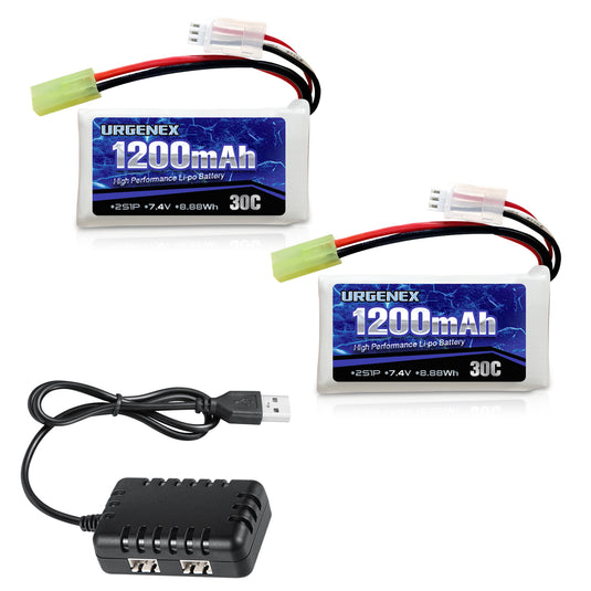 7.4V Lipo Battery 1200mAh with Mini Tamiya Plug 2S 30C 8.88Wh Rechargeable Lipo Battery Campatibal with DEERC 302E/E300 1/18 Scale 9300 9310 300E RC Car Truck with USB Charger Cable 2 Pack