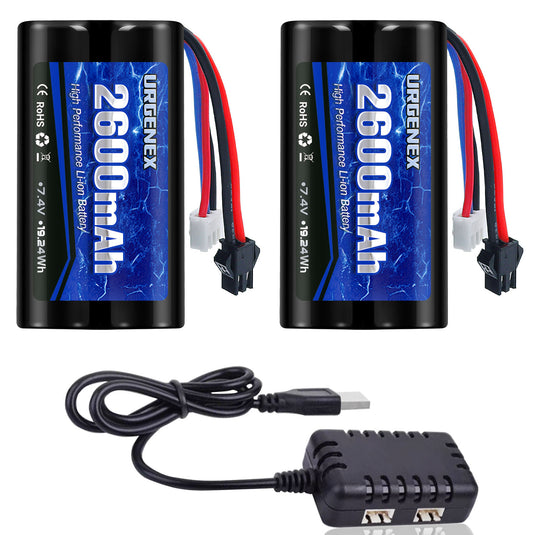 URGENEX 2600mAh 7.4V Li-ion Battery with SM-2P Plug 2S Rechargeable RC Battery Compatible with Most WPL MN RC Cars Trucks and H101 RC Boat High Capacity RC Batteries with 7.4V 1 to 2 USB Charger