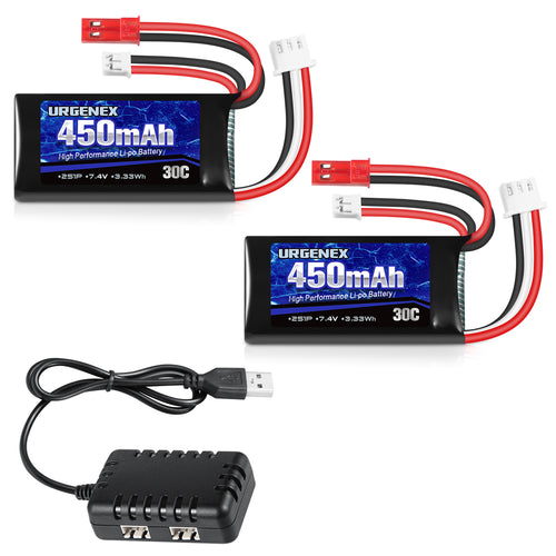 URGENEX 2S 30C 450mAh Rechargeable Lipo Battery with JST & PH2.0 Plug Fit for SCX24 RC Car Truck