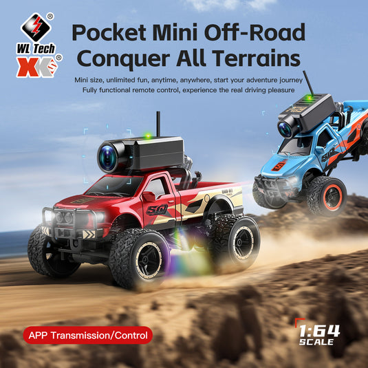 1:64 Mini RC Off-Road Truck with FPV Camera, 4WD Pocket Remote Control Car, APP Control, 3-Speed Adjustable, All-Terrain Micro RC Vehicle