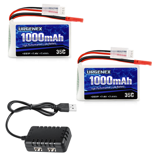 URGENEX 2S 7.4 V 1000 mAh 35C Rechargeable RC Lipo Battery With JST Plug Compatible With WLtoys RC Cars A949 A959 A969 A979 K929、1/14 Scale Brushless Racing RC Truck And WLtoys V262, V333, V353B, V666, Q212 and Other RC Helicopters