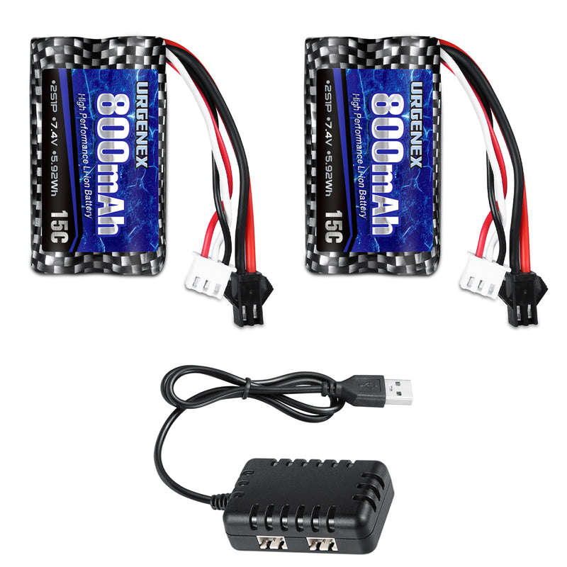 Load image into Gallery viewer, URGENEX 2 Pack 7.4V 800mAh 2S 15C Li-ion Battery  with 7.4V USB Chargers (Double Port)
