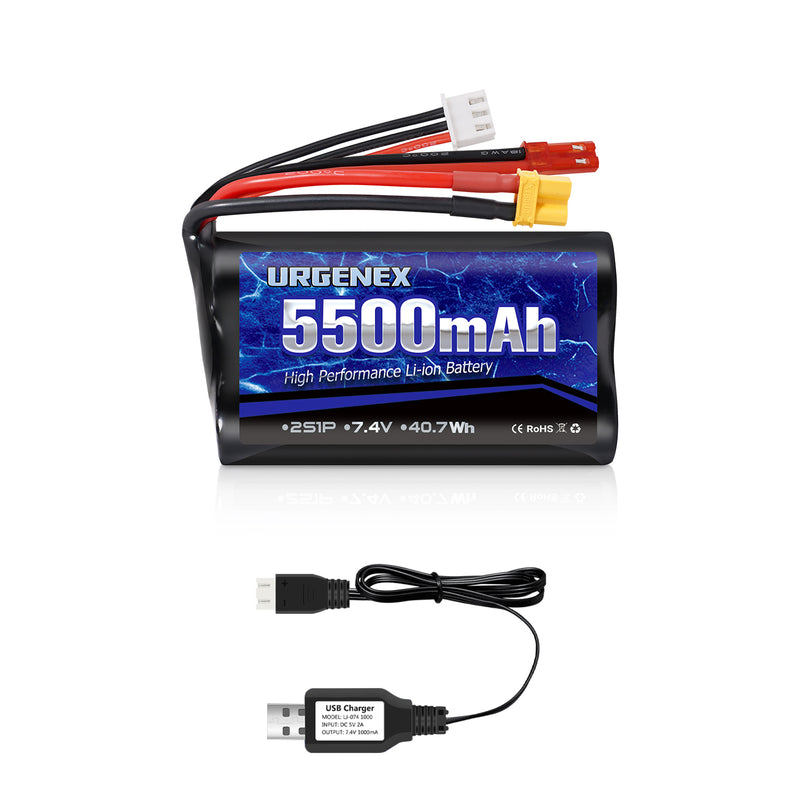 Load image into Gallery viewer, URGENEX TX16S Battery 5500mAh High Capacity 7.4V 2S Li-ion Battery with XT30&amp;JST Dual Plug Fit for Boxer/TX16S Remote Controller, TX18S, RC4GS, RC6GS, TX12 RC Transmitter Compatible with RC Car Truck
