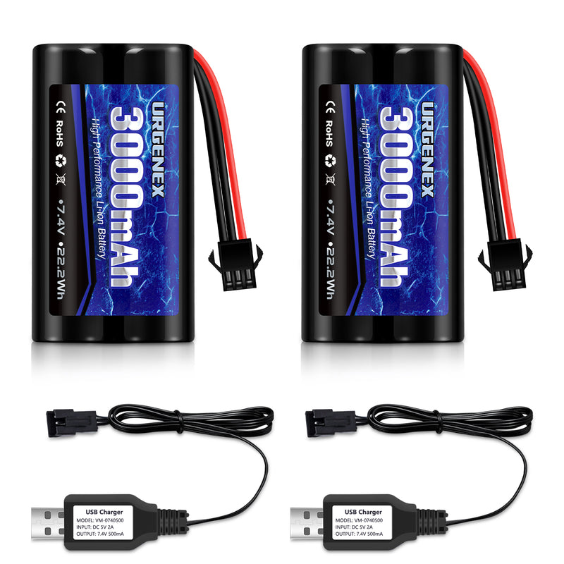 Load image into Gallery viewer, 2S RC Battery 3000mAh 7.4V Li-ion Battery with SM3P Plug 2S Rechargeable RC Battery with 2 USB Chargers Fit for RC Toys RC Car Truck and RC Tank
