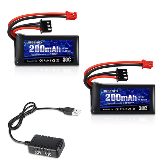 URGENEX 2S 30C 7.4V 200mAh Rechargeable Light Lipo Battery with  PH2.0 Plug & 1 to 2 USB Charger, Low Internal Efficient Energy Fit for Axial SCX30 Jeep Wrangler JLU, Ford Bronco & Chevrolet K10 RC Crawlers