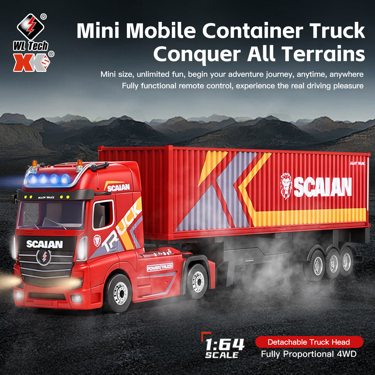 WLtech XK 1:64 Remote Control Container Truck, 2.4G 4WD Mini RC Semi-T ...