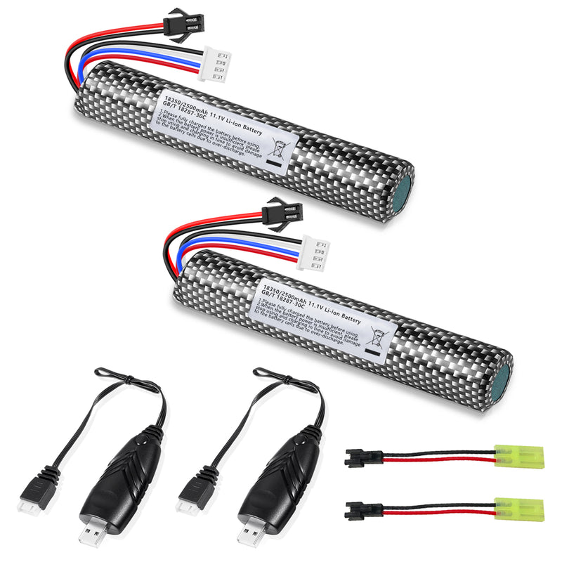 Load image into Gallery viewer, 11.1V 2500mAh High Capacity Battery Pack with 2PCS Mini Tamiya Connector to SM-2P Plug Cables and 2PCS 11.1V Battery Charger
