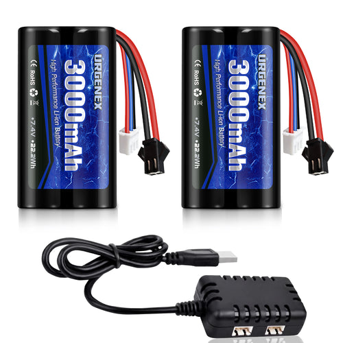 URGENEX 3000mAh 7.4V Li-ion Battery with SM-2P Plug 2S Rechargeable RC Battery Compatible with Most WPL MN RC Cars Trucks and H101 RC Boat High Capacity RC batteries with 7.4V 1 To 2 USB Charger