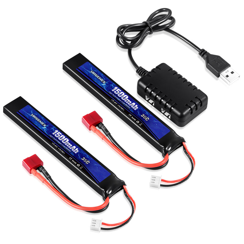 Load image into Gallery viewer, URGENEX Airsoft Battery 7.4V 1500mAh 35C High Discharge Rate Lipo Battery Pack with Deans T Plug Rechargeable 2S Lipo Battery for Airsoft Model Guns
