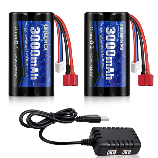 URGENEX 3000mAh 7.4 V Li-ion Battery with Deans T Plug 2S Rechargeable RC Battery Fit for WLtoys 4WD High Speed RC Cars and Most 1/10, 1/12, 1/16 Scale RC Cars Trucks with 7.4V Battery Charger
