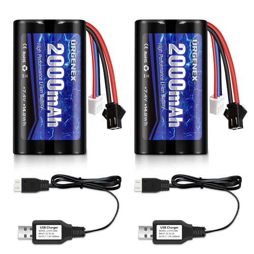 7.4V Li-ion Battery 2000mAh 2S Battery with SM 2P Plug High Capacity for Remote Control RC Boat 1 Pack H101 RC Batteries with 1 USB Chargers
