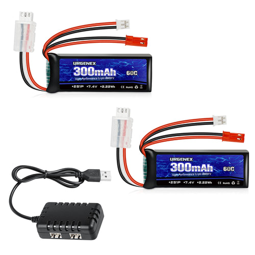URGENEX SCX24 Battery 7.4V Lipos 2S 60C(Burst 120C) 300mAh Rechargeable Mini Lithium Battery with JST&PH2.0 Double Discharge Plug Fit for SCX24 RC Car WLtoys RC Truck and Most Airplane 1TO2 Charger
