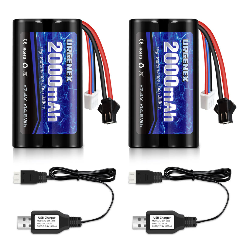 Load image into Gallery viewer, 7.4V Li-ion Battery 2000mAh 2S Battery with SM 2P Plug High Capacity for Remote Control RC Boat 2 Pack H101 RC Batteries with 2*USB Chargers
