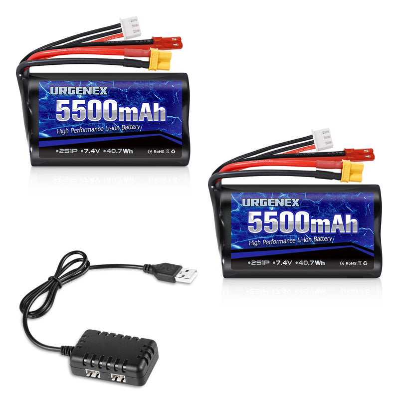 Load image into Gallery viewer, URGENEX TX16S Battery 5500mAh High Capacity 7.4V 2S Li-ion Battery with XT30&amp;JST Dual Plug Fit for Boxer/TX16S Remote Controller, TX18S, RC4GS, RC6GS, TX12 RC Transmitter Compatible with RC Car Truck

