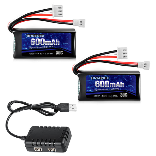 URGENEX FCX24 Battery 7.4V 600mAh 30C Lipo Battery with Molex Plug Fit for FMS FCX24 Atlas RC Car, Truck, Truggy 2S Rechargeable Li-Po Battery 2 Pack with 1 to 2 USB Charger
