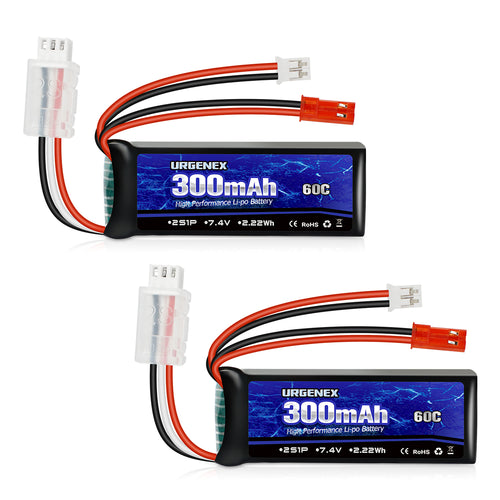 URGENEX SCX24 Battery 7.4V Lipos 2S 60C(Burst 120C) 300mAh Rechargeable Mini Lithium Battery with JST&PH2.0 Double Discharge Plug Fit for SCX24 RC Car WLtoys RC Truck Mini Battery Power for Airplane