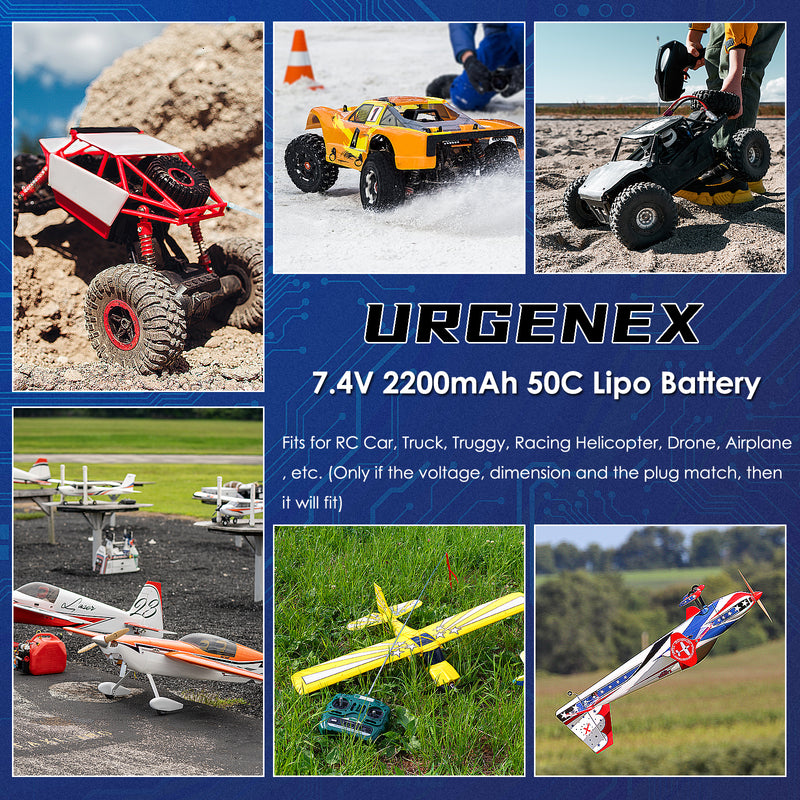 Load image into Gallery viewer, URGENEX 7.4V 2200mAh Lipo Battery 50C High Discharge Rate RC Batteries Deans T Plug with 1 to 2 USB Charger Fit for RC Car Truggy, RC Airplane, FPV Drone, UAV Quadcopter and Helicopter
