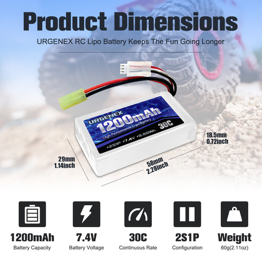 7.4V Lipo Battery 1200mAh with Mini Tamiya Plug 2S 30C 8.88Wh Rechargeable Lipo Battery Campatibal with DEERC 302E/E300 1/18 Scale 9300 9310 300E RC Car Truck with USB Charger Cable 2 Pack