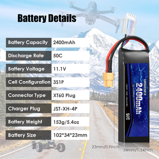 URGENEX 11.1V 2400mAh Lipo Battery 50C High Discharge Rate 3S RC Batteries with XT60 Plug Fit for RC Car Truggy RC Airplane, FPV Drone, UAV Quadcopter and Helicopter 2 Pack